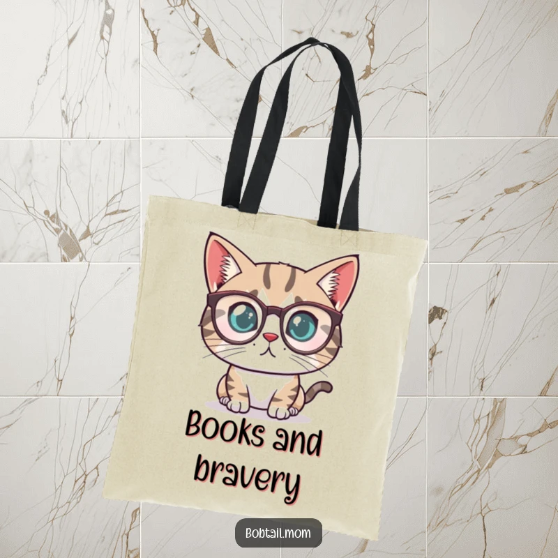Funny Bobtail cat with a determined look wearing tiny reading glasses, printed on a durable, fashionable tote bag.