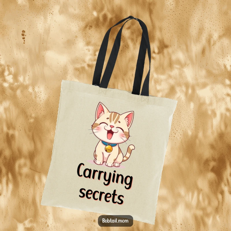 Funny Bobtail Cat Tote Bag: A mischievous Bobtail cat with a bell collar strikes a pose, ready to carry your items with humor.