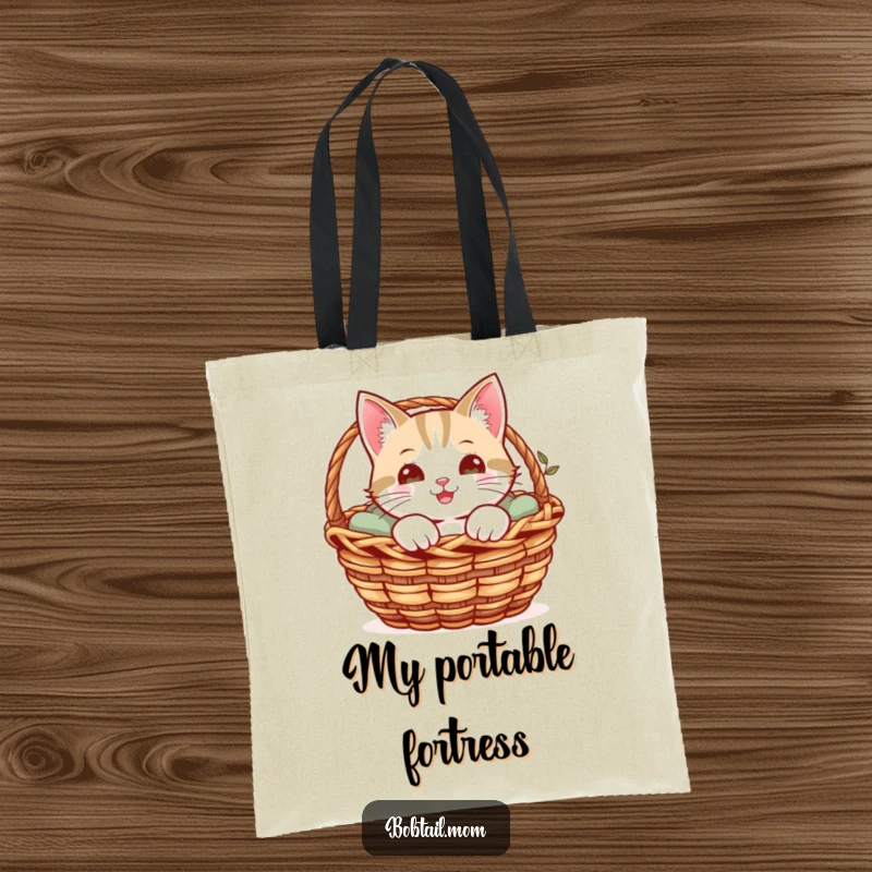 Funny tote bag with a cheerful Bobtail cat peeking from a cozy basket, a perfect accessory for cat lovers.