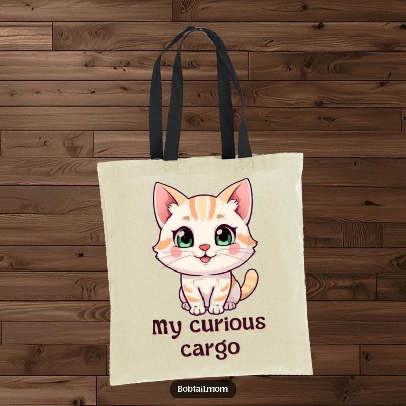 Funny Bobtail cat tote bag featuring a happy character with a curious glance, a charming accessory for cat enthusiasts.