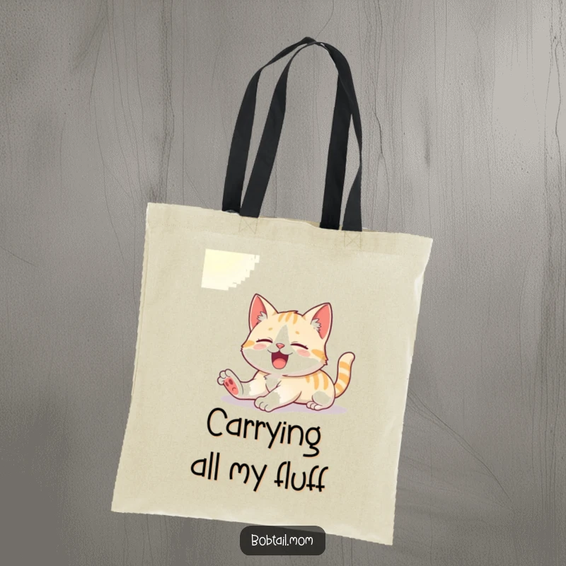 Funny tote bag with a cute Bobtail cat stretching and yawning in the sun, a perfect accessory for cat lovers.