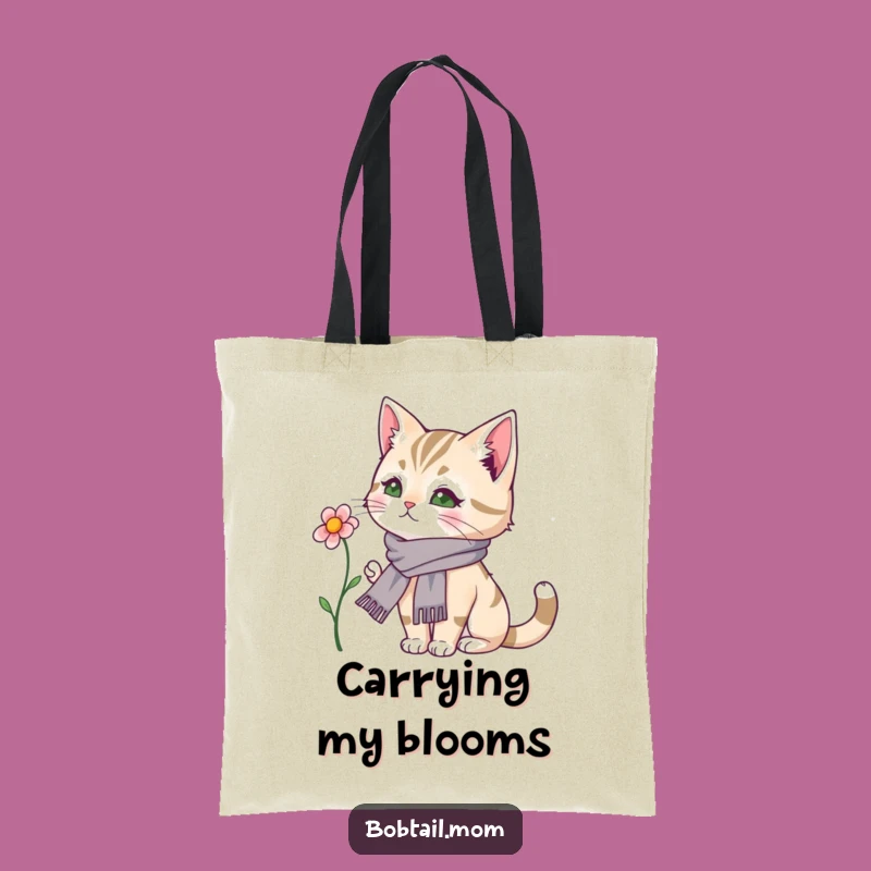 Funny Bobtail Cat Tote Bag: Dainty Scarf Kitty Flower Admirer, Chic Funny Gift Accessory