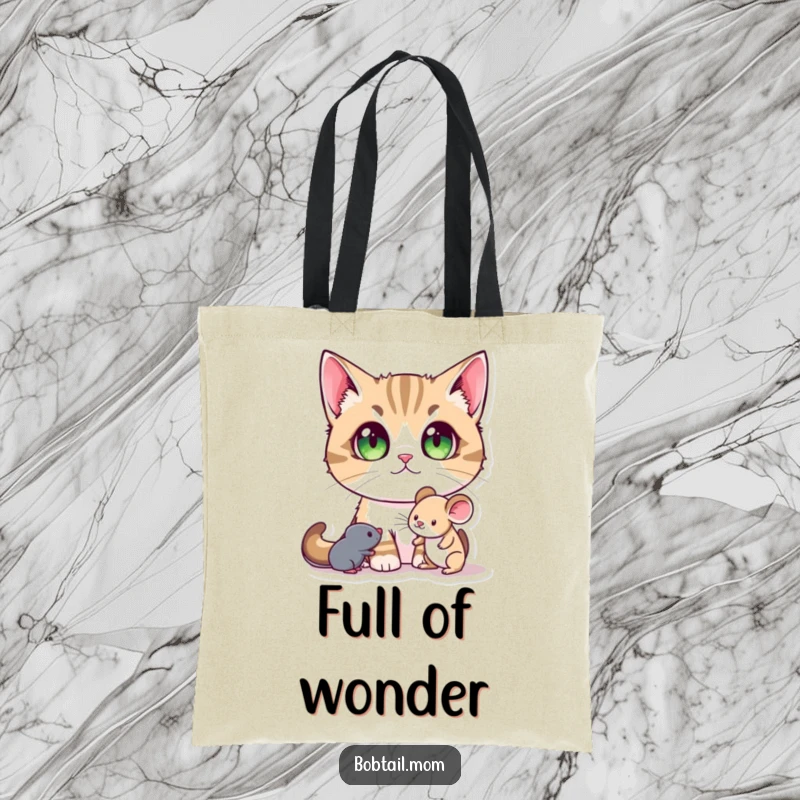 Funny Bobtail Cat Tote Bag showcasing a Bobtail cat's large pupils, mesmerized by a toy mouse, adding charm to your carry-all.