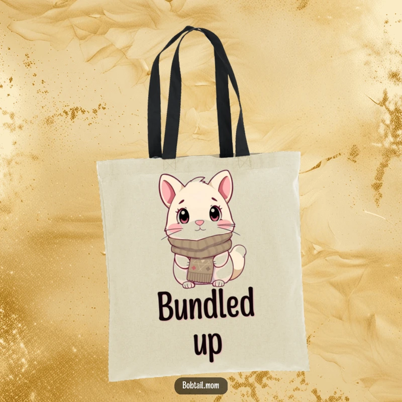 Funny Bobtail Tote Bag featuring a dog wearing a knitted scarf, looking cozy and attentive, a humorous and practical accessory.