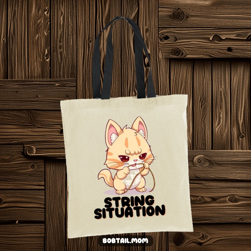 Funny Bobtail Tote Bag featuring a dog with a determined expression, trying to untangle a string, a humorous and practical accessory.