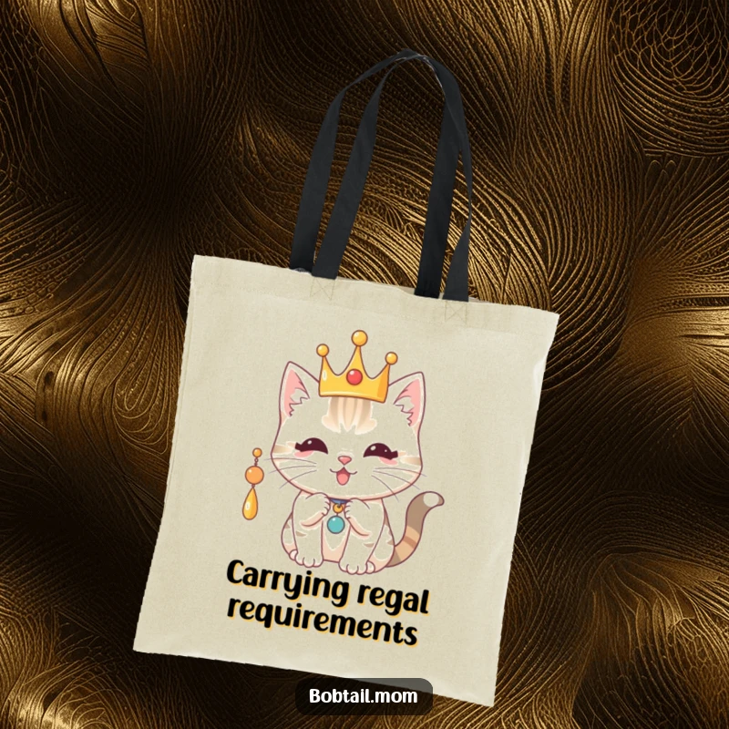 Funny Royal Bobtail Cat Tote Bag: Cat with a crown, playfully batting a charm, a stylish and funny accessory.