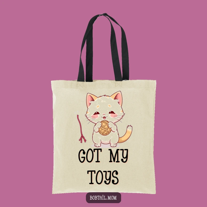 Funny Bobtail Cat Tote Bag: Playful Cat Batting Yarn