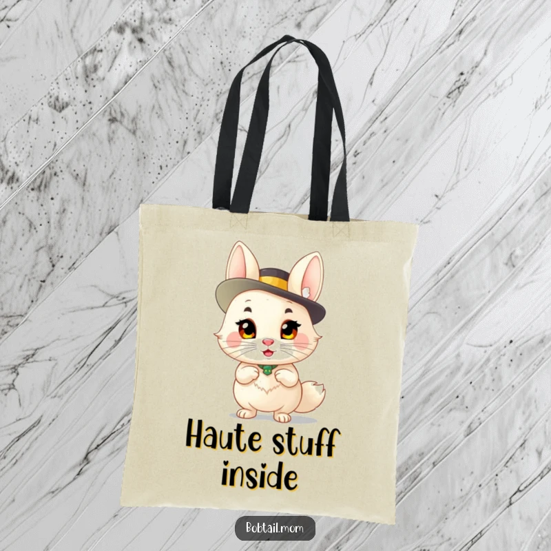Funny Bobtail Tote Bag: A fancy-hatted bobtail cat strikes a sassy pose, perfect for a humorous and practical tote.