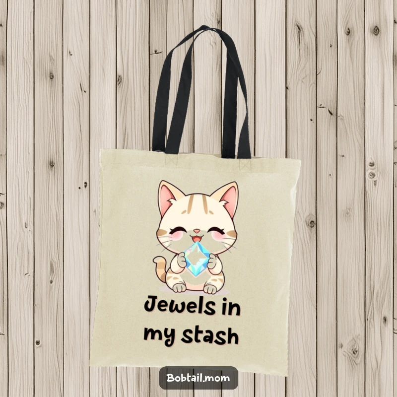 Funny Bobtail cat with a cheerful smile holding a sparkling gem, printed on a durable, fashionable tote bag.