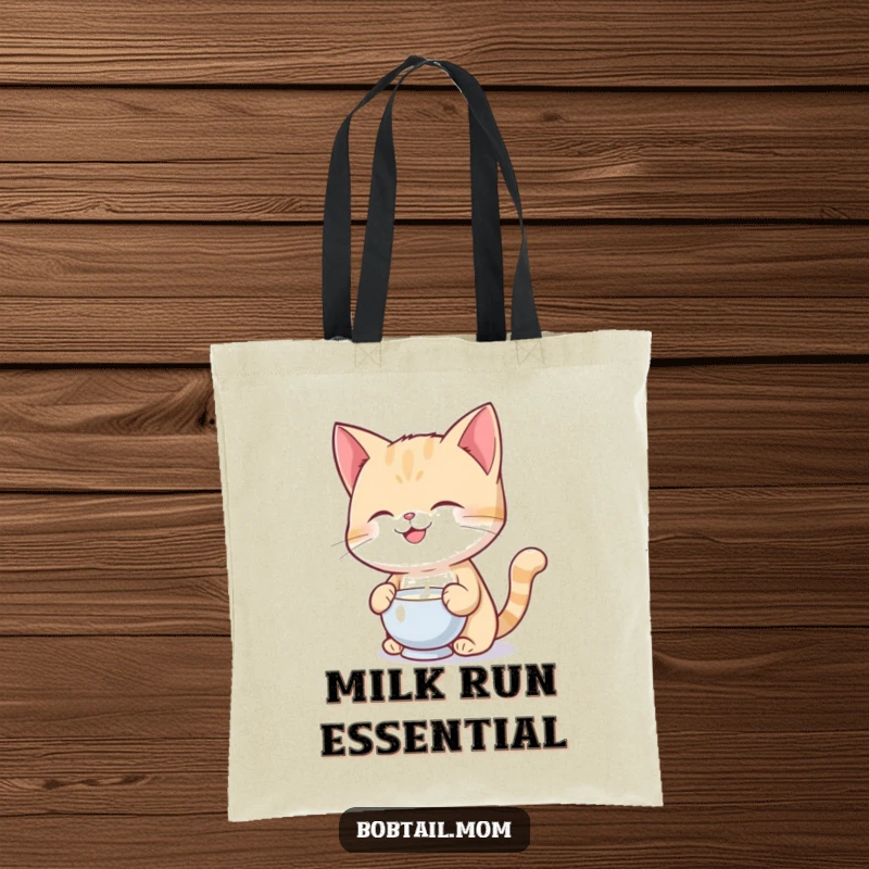 Funny Bobtail cat proudly balancing a milk saucer on its head, printed on a durable tote bag.