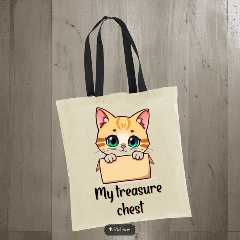 Funny Bobtail Cat Tote Bag illustrated with a cute cat peeking out from a box, ideal for carrying essentials with a humorous, curious vibe.