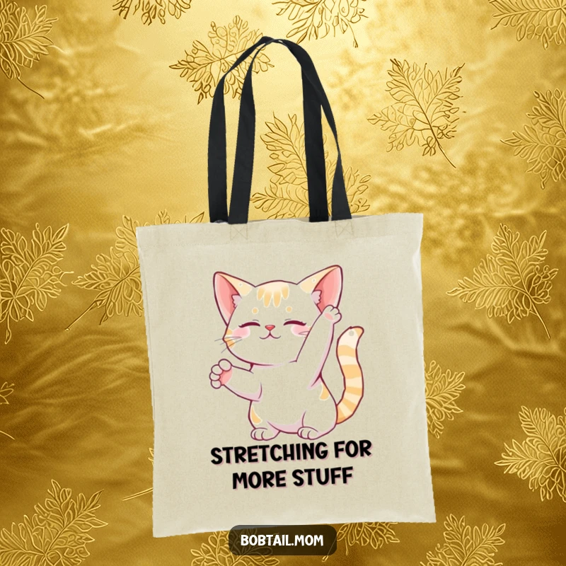 Funny Bobtail Cat Tote Bag featuring a graceful feline mid-stretch, perfect for carrying essentials with humorous flexibility.